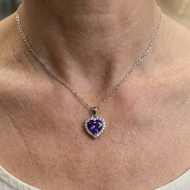Amethyst Herz Strahlungs-Halskette | Weissgold