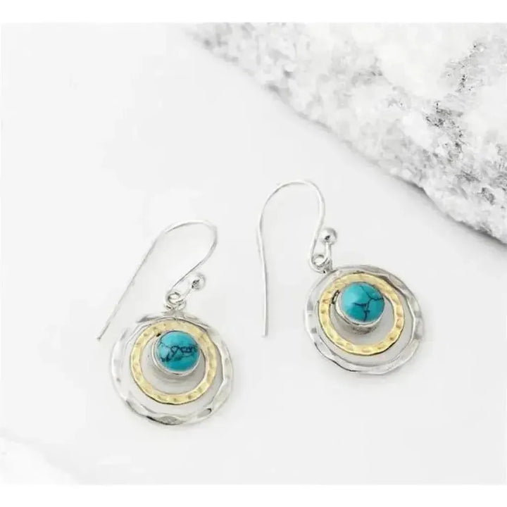 Boho-Ohrringe „Saturn“ mit Türkis in Weissgold und Gold