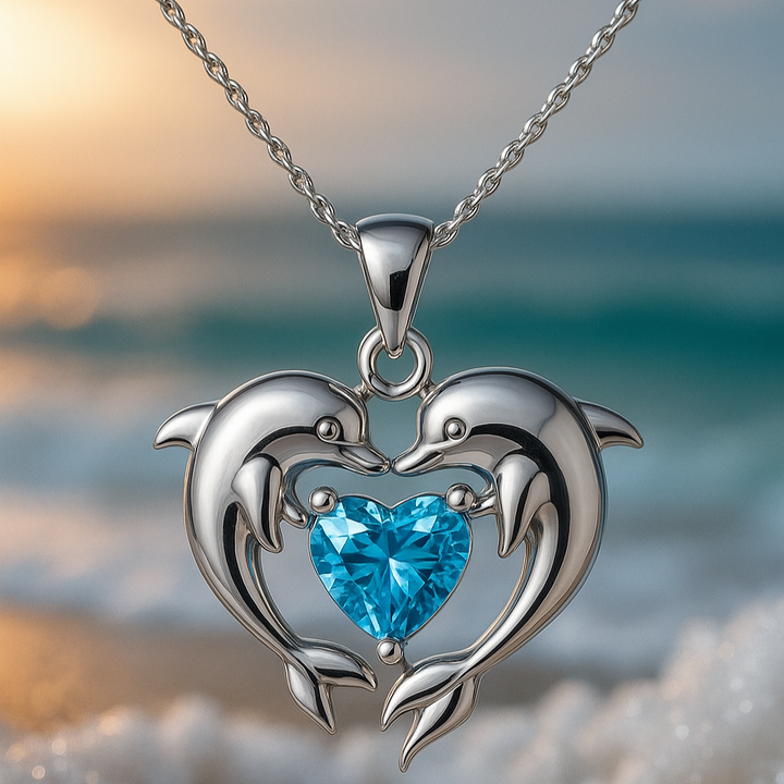 Doppelte Halskette in Weissgold mit Delfinen der Liebe