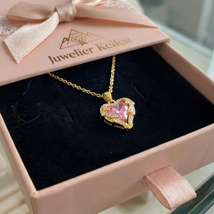 Engelsumarmung Herzkette in Rosa | Gold