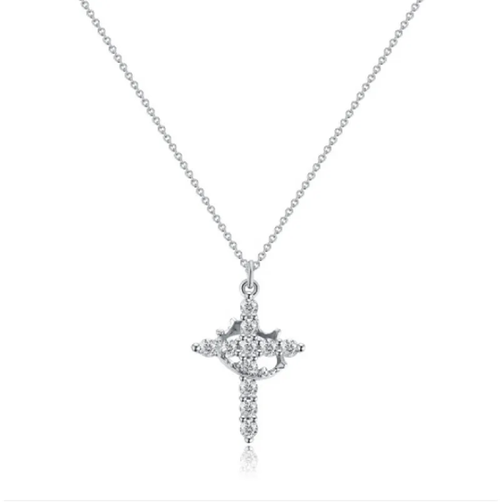 Halskette mit Kreuz und Krone aus Diamanten