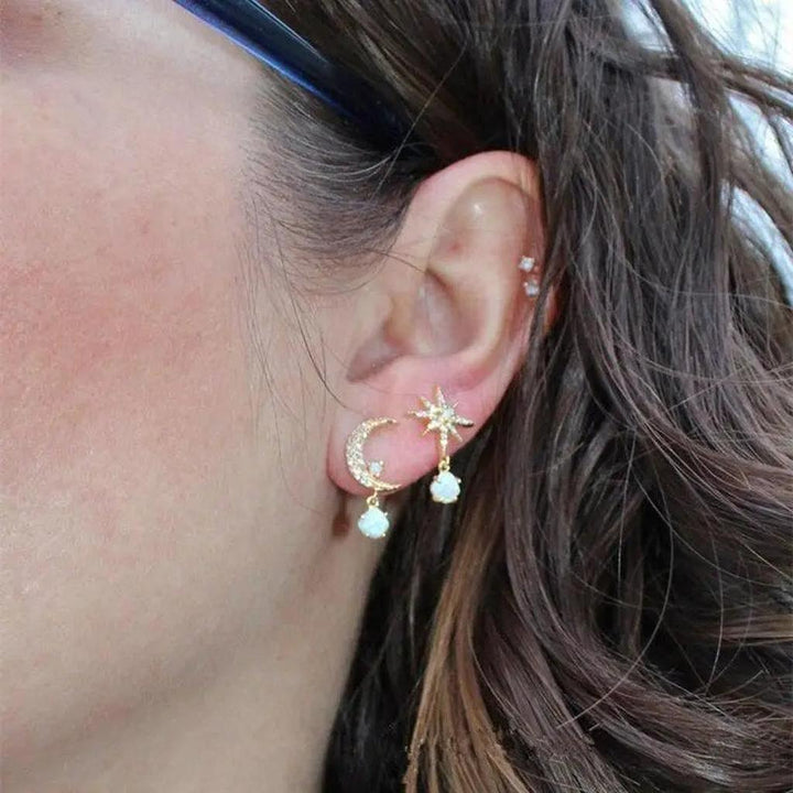 Ohrringe Mond und Stern in Gold und Opal