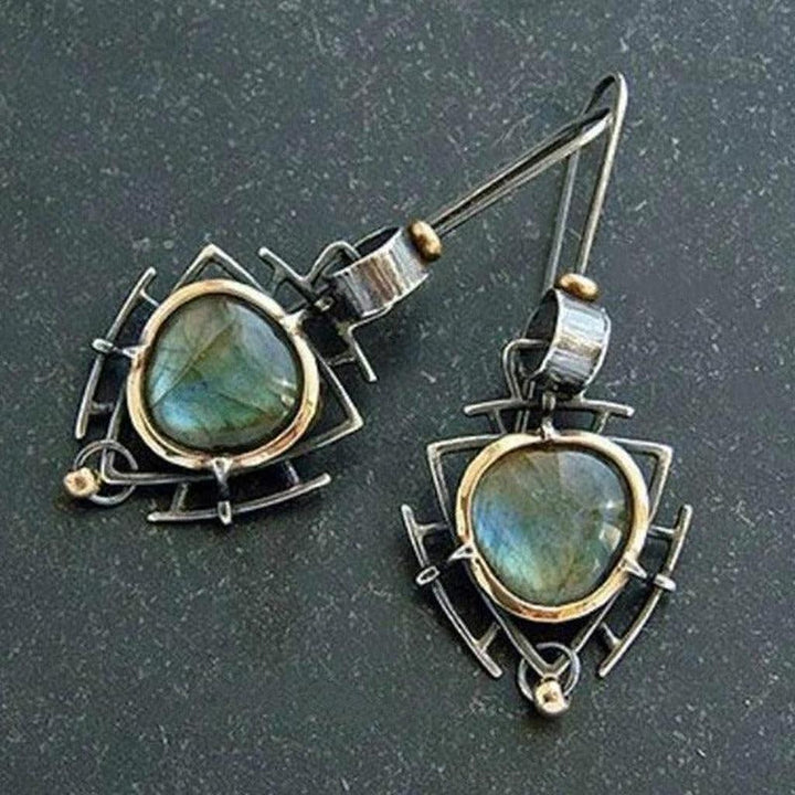 Retro-Ohrringe in Weissgold und Gold mit Labradorit