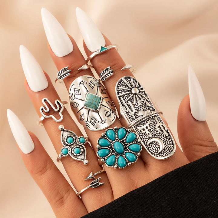 Retro-Ring-Set aus Weissgold und Türkis