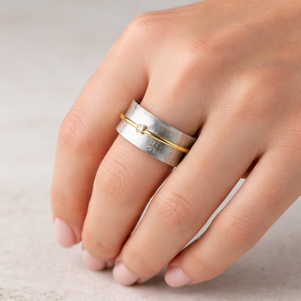 Retro-Ring aus Weissgold mit Brillanten und Goldfaden