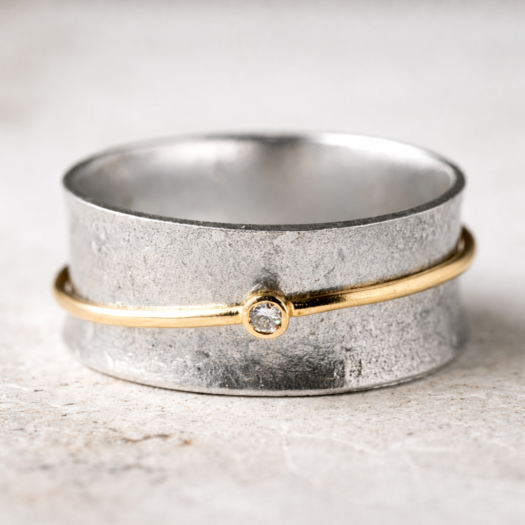 Retro-Ring aus Weissgold mit Brillanten und Goldfaden