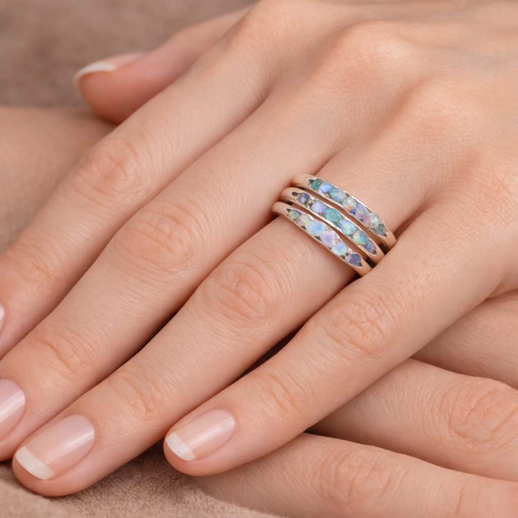 Retro-Weissgoldring mit mehrreihigen blauen Steinen