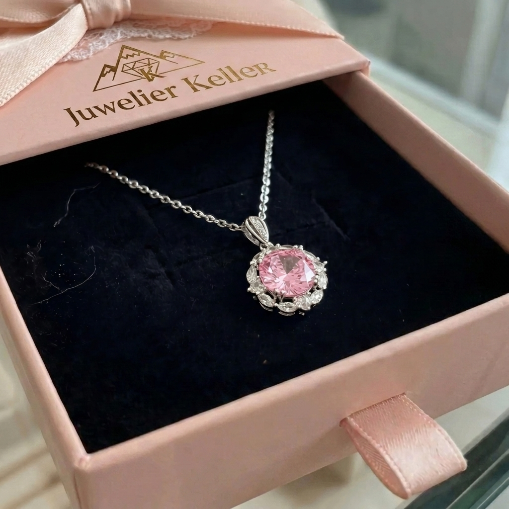 Rosen-Halo-Halskette in Rosa | Weissgold