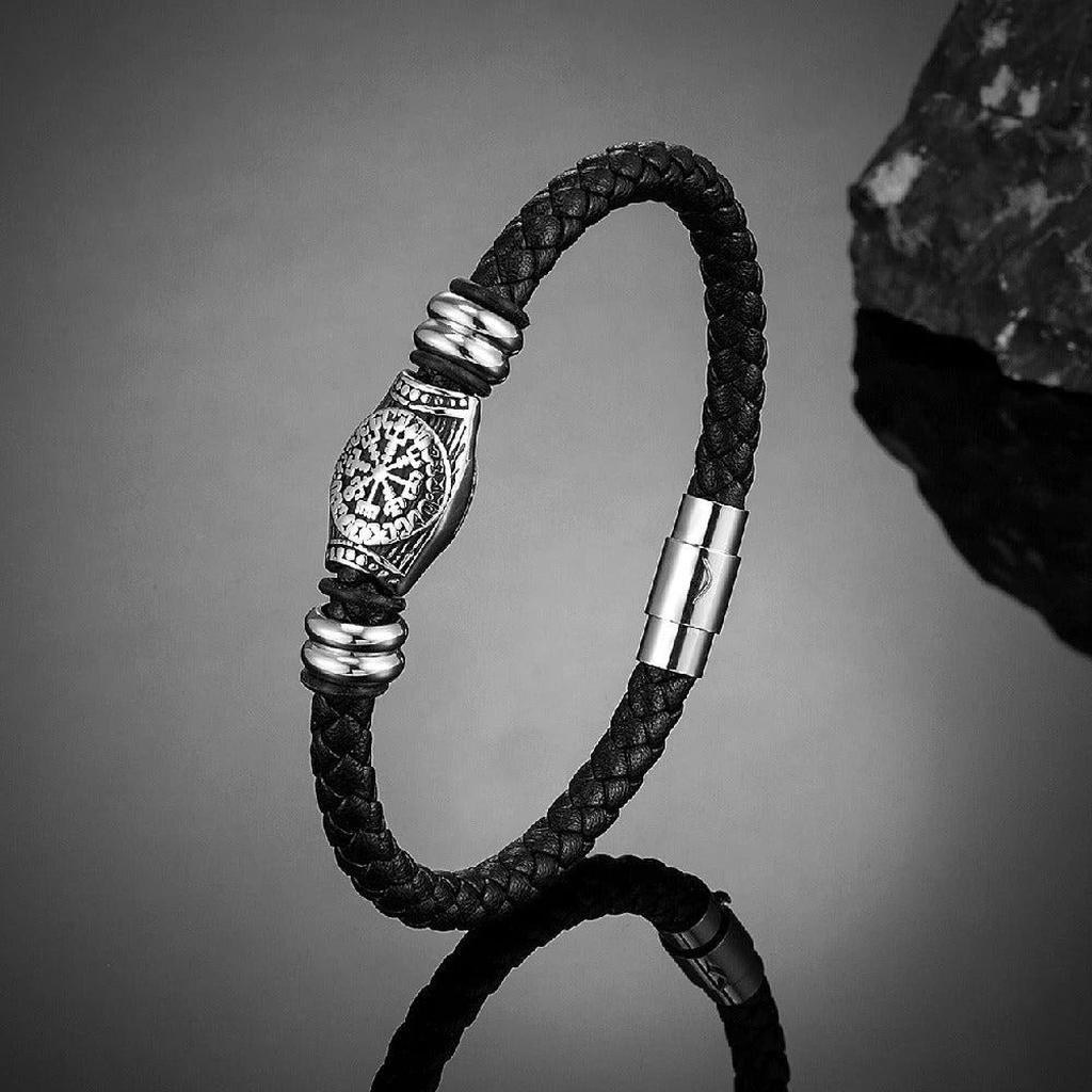 Schwarzes geflochtenes Lederarmband Wikinger-Kompass