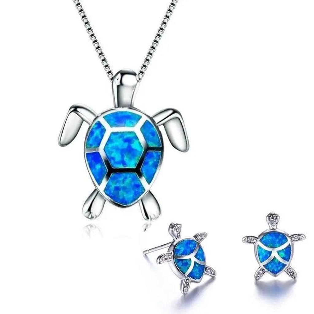 Set: Halskette und Ohrringe mit Meeresschildkröte in Opal und Weissgold
