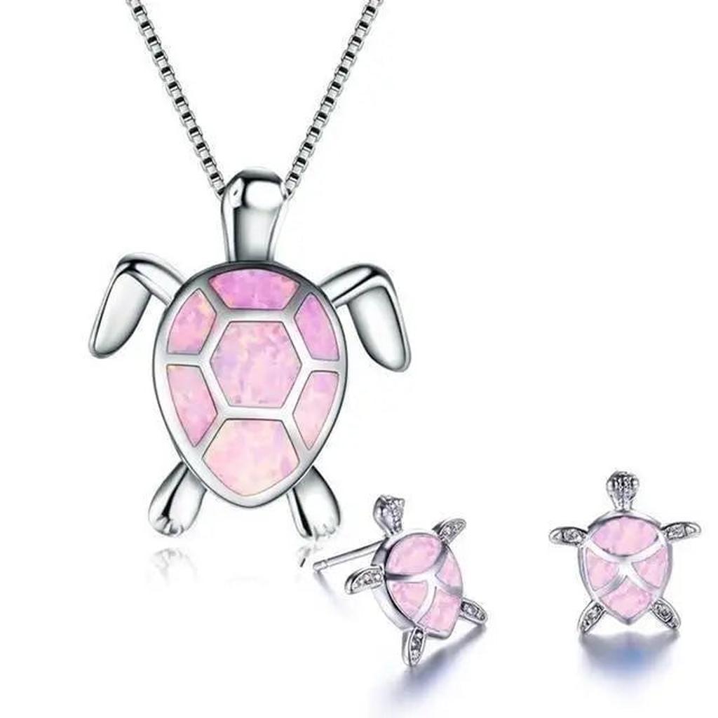 Set: Halskette und Ohrringe mit Meeresschildkröte in Opal und Weissgold