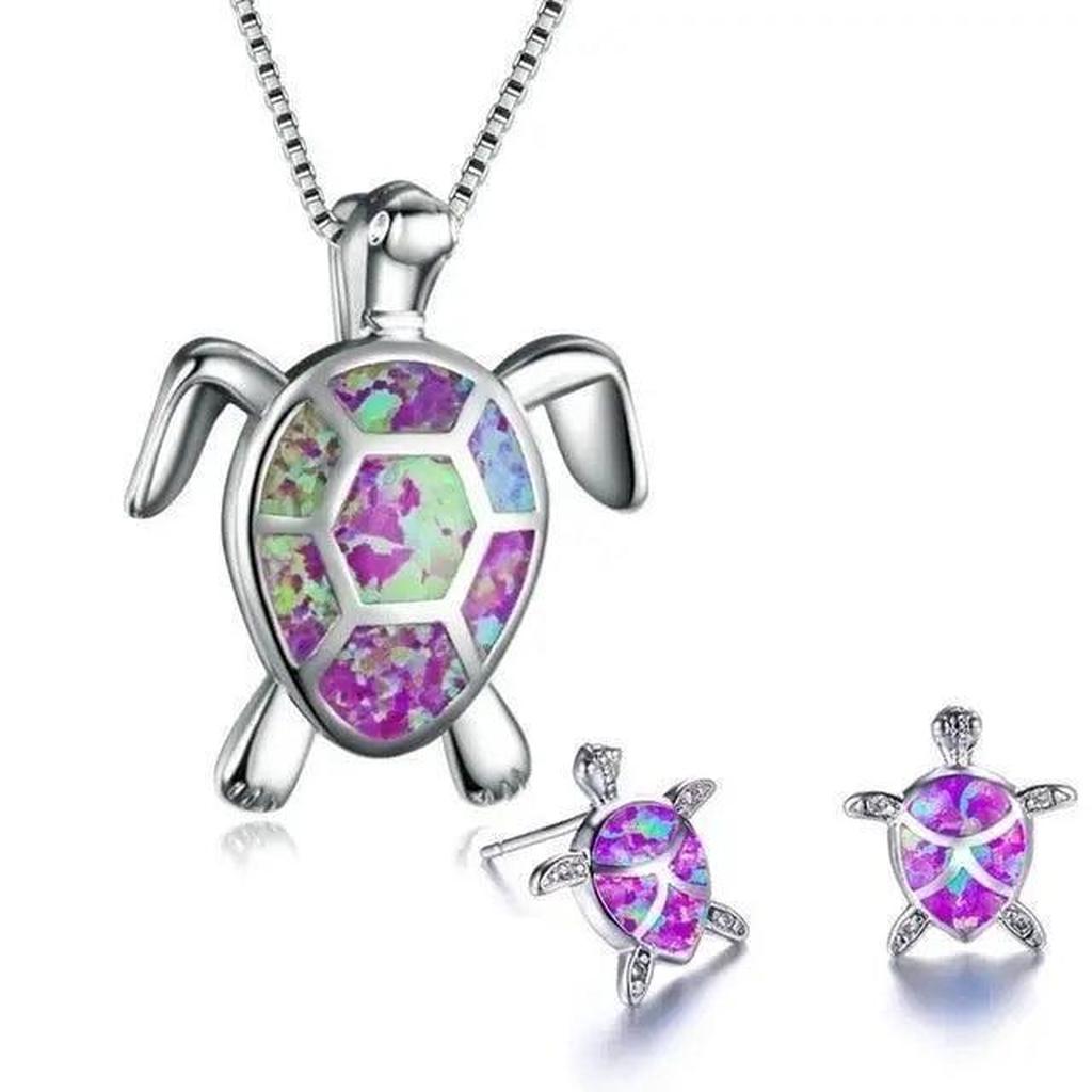 Set: Halskette und Ohrringe mit Meeresschildkröte in Opal und Weissgold