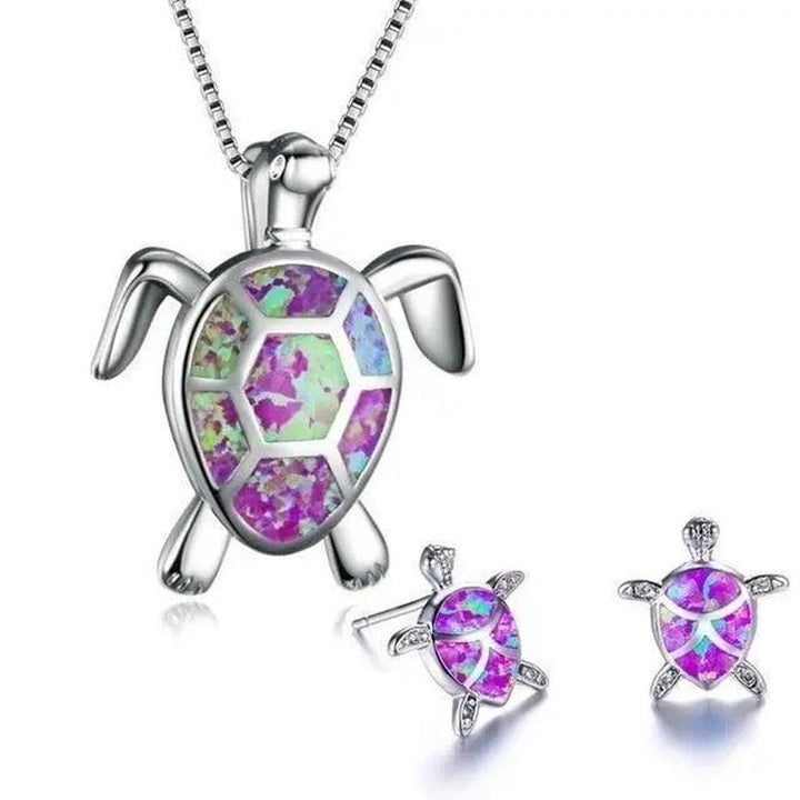 Set: Halskette und Ohrringe mit Meeresschildkröte in Opal und Weissgold