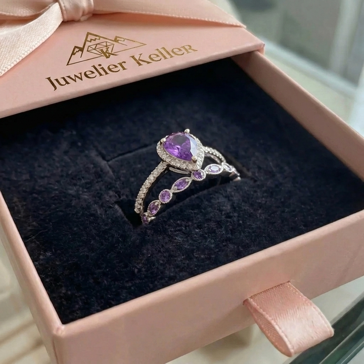 Tränenförmiges Amethyst-Ring-Set | Weissgold