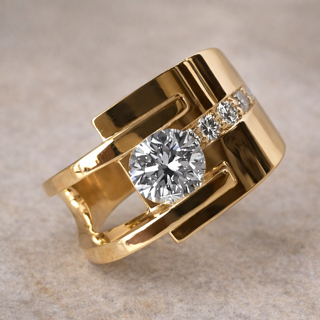 Unregelmässiger Retro-Goldring mit Brillanten