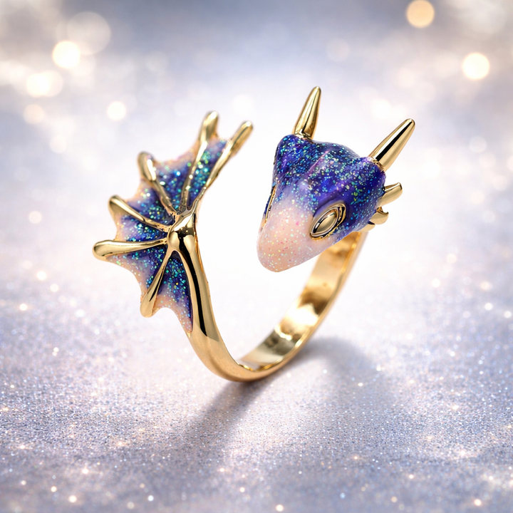 Verstellbarer Drachenring aus Weissgold und handgefertigtem Emaille