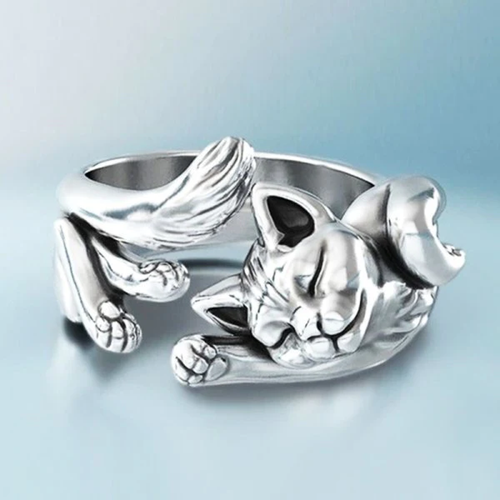 Verstellbarer Retro-Ring mit Kätzchen in Weissgold