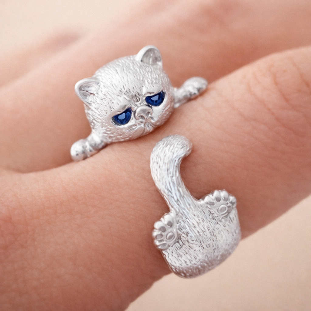 Verstellbarer Ring aus Weissgold mit Kätzchen