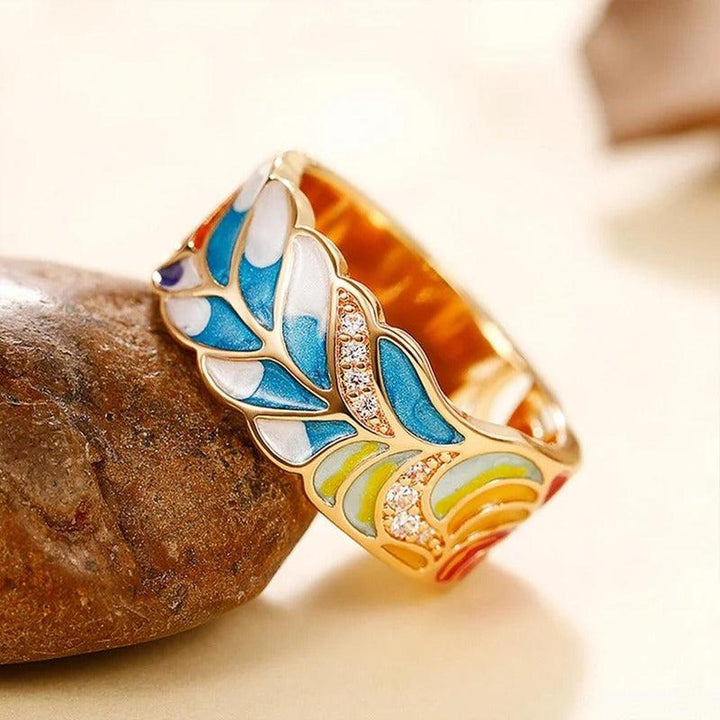 Vintage-Goldring mit buntem Emailleblatt