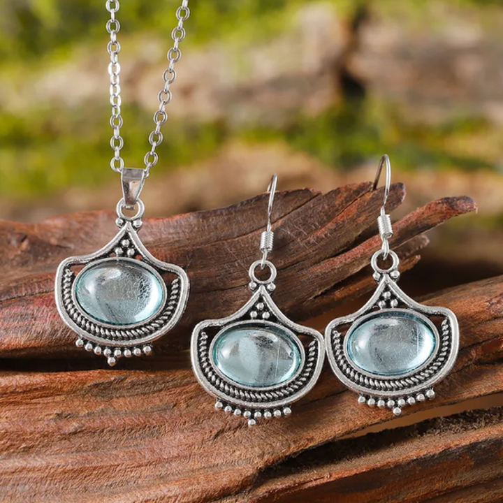 Vintage Set Halskette und Ohrringe mit blauen ovalen Edelsteinen