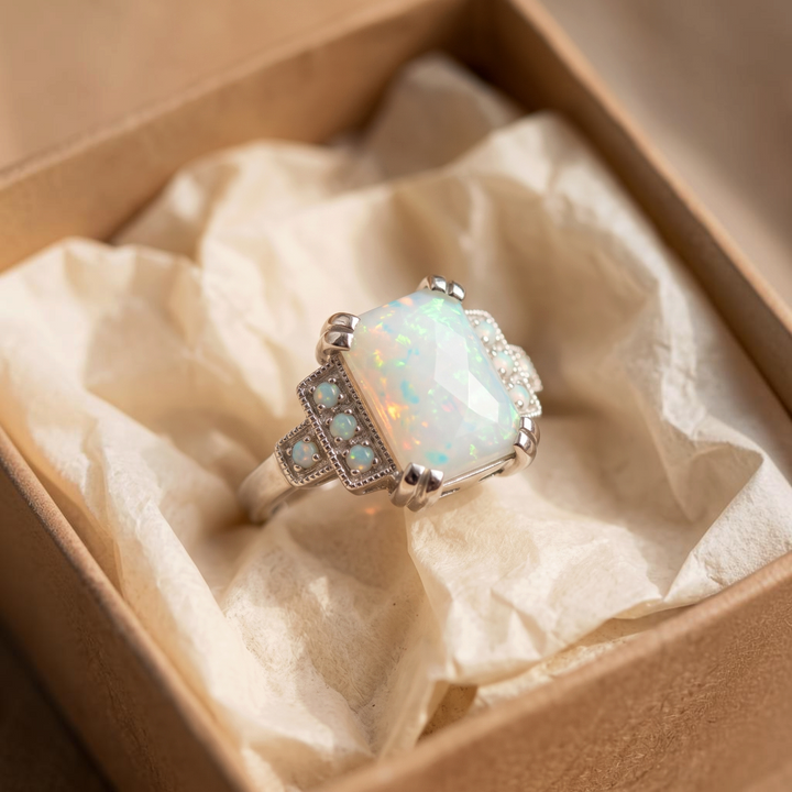 Art-déco-Ring in Weissgold mit weissem Opal