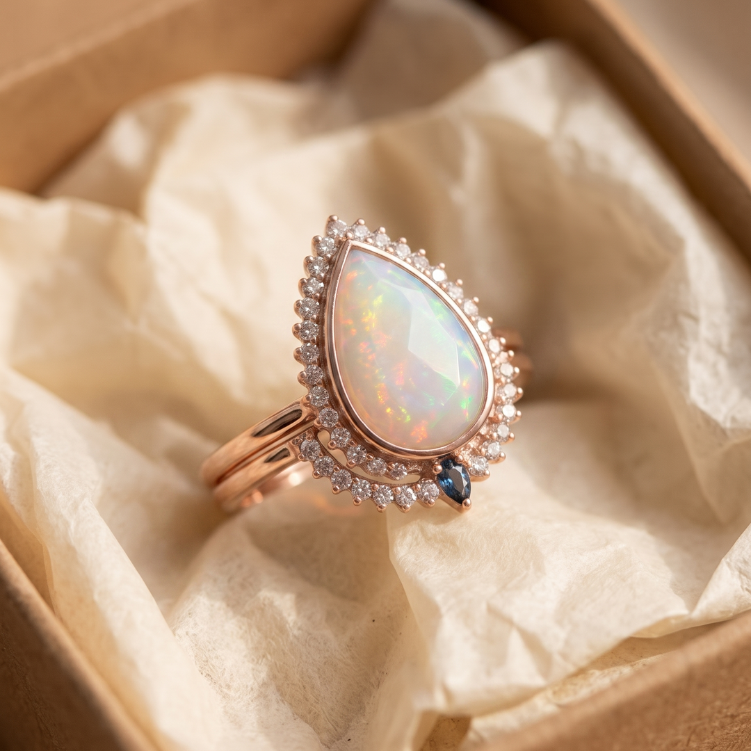 Roségoldring mit weissem Opal in Tropfenform