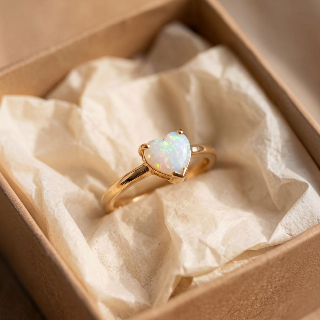 Goldring mit Herz aus weissem Opal