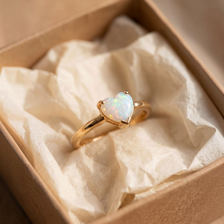 Goldring mit Herz aus weissem Opal