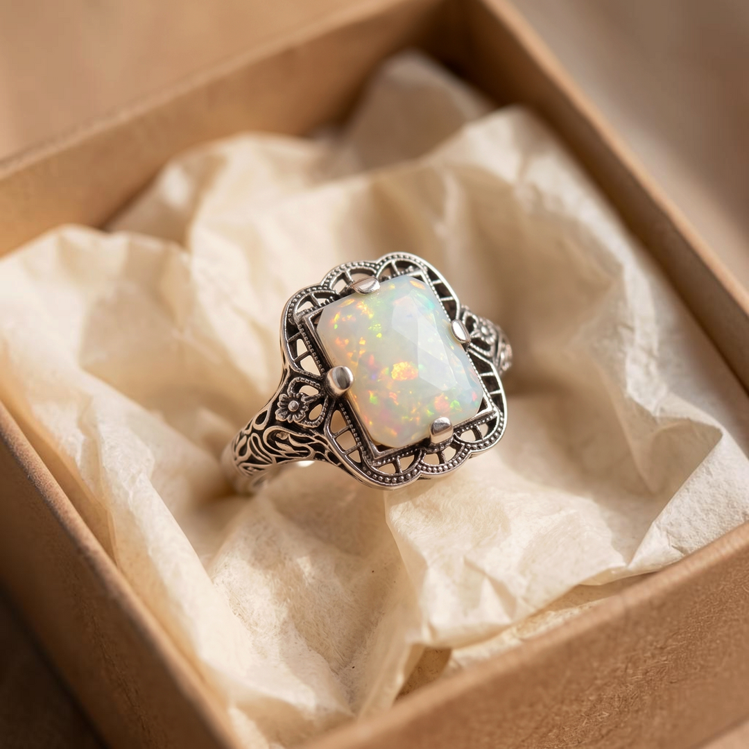 Filigraner Weissgoldring mit weissem Opal