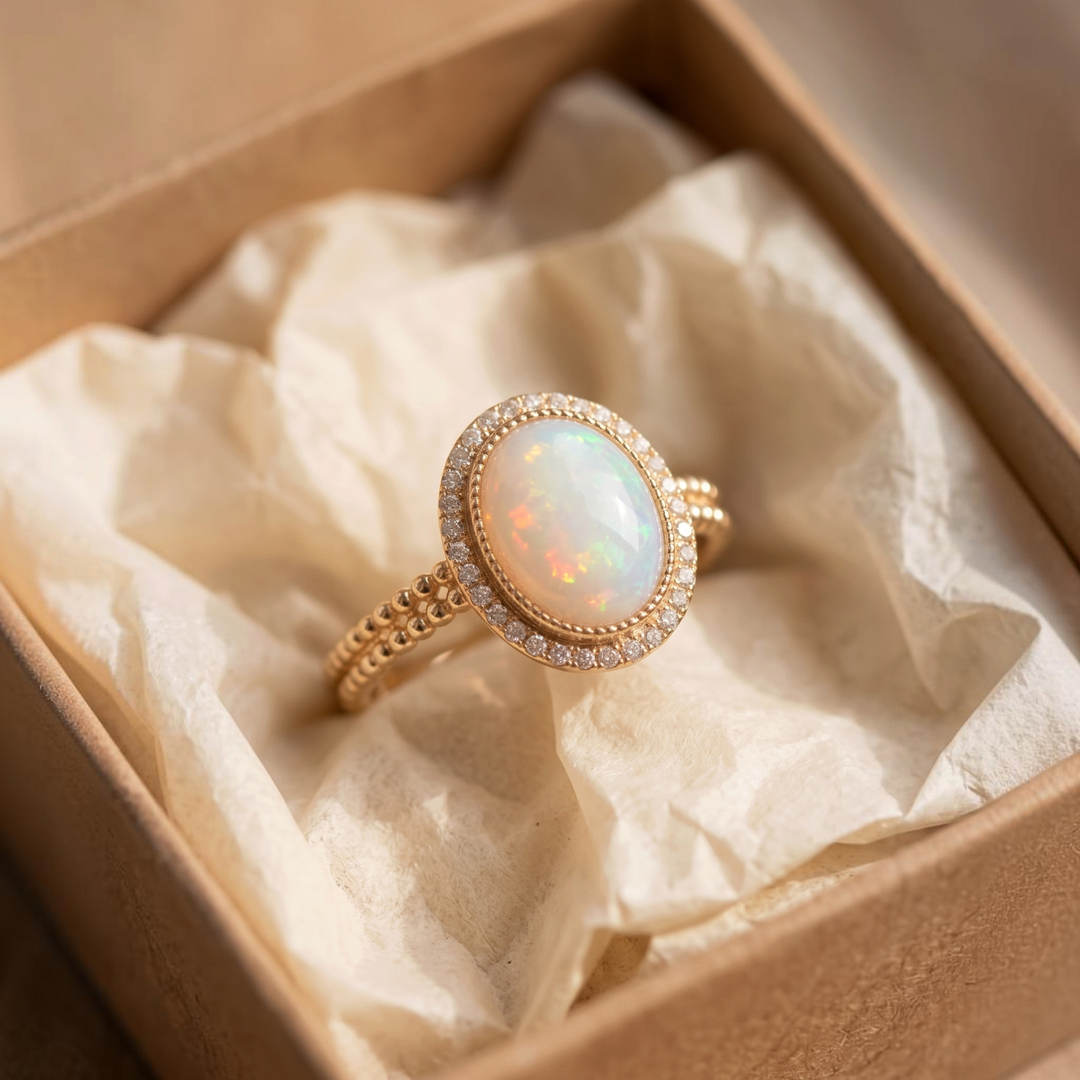 Goldring mit weissem Opal im Brillantkranz