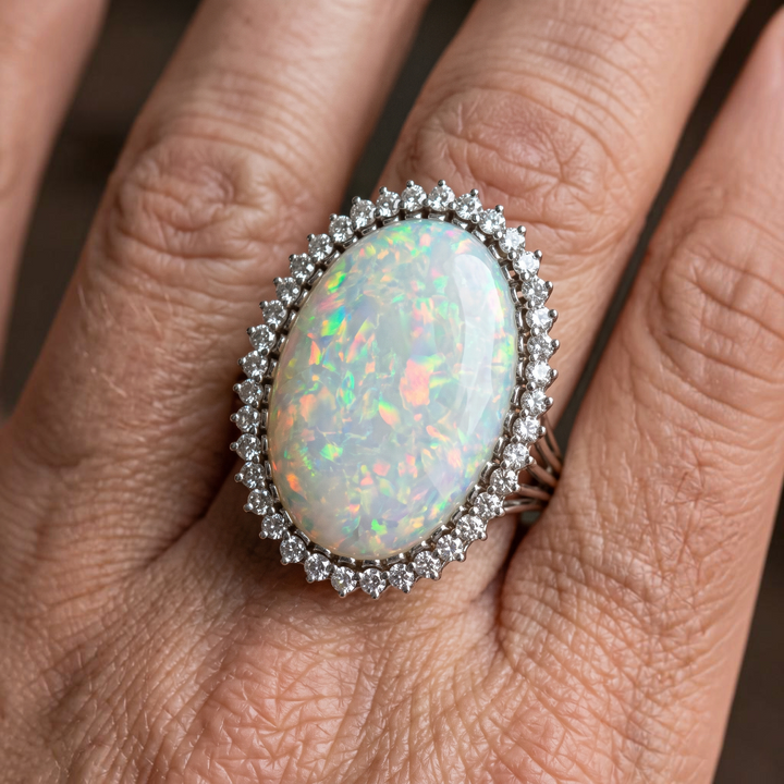 Grosser Weissgoldring mit weissem Opal im Brillantkranz