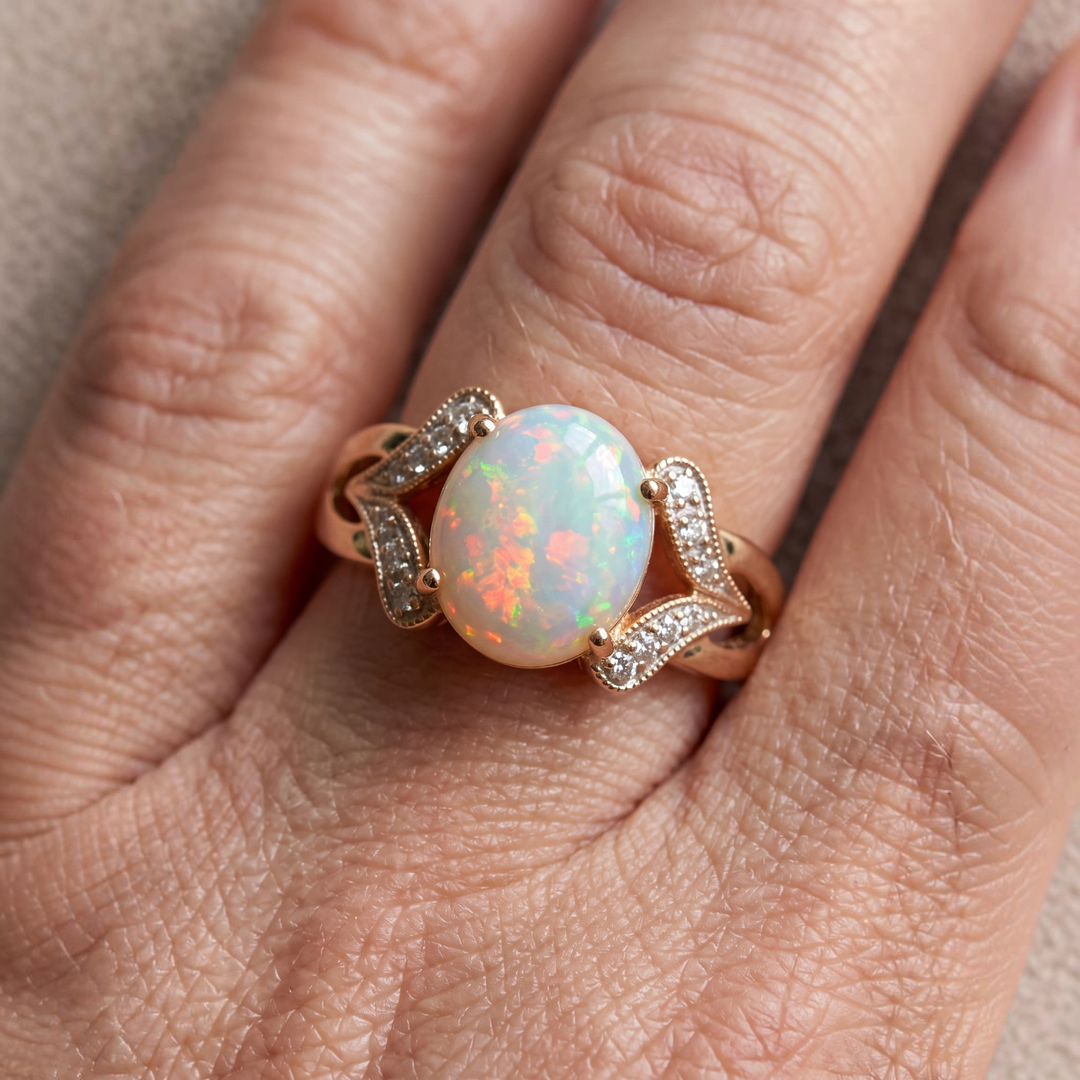 Vintage-Goldring mit grossem weissem Opal