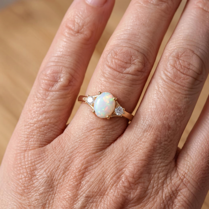 Goldring mit weissem Opal und zwei Brillanten