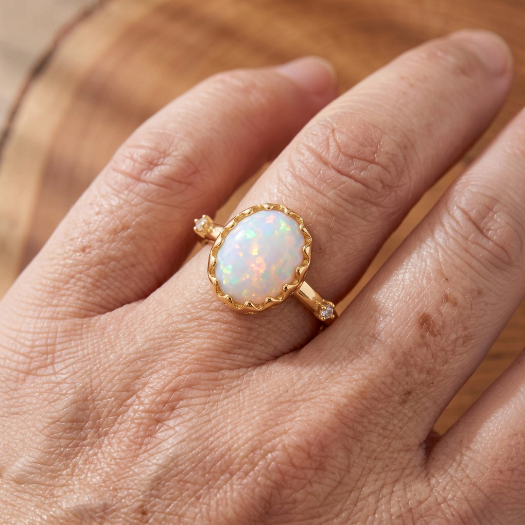 Verstellbarer zarter Goldring mit weissem Opal