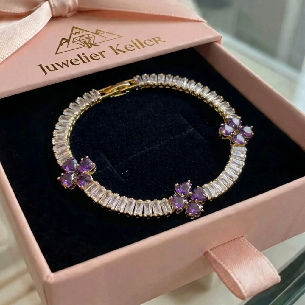 Herzarmband mit Amethyst und Kleeblatt | Gold