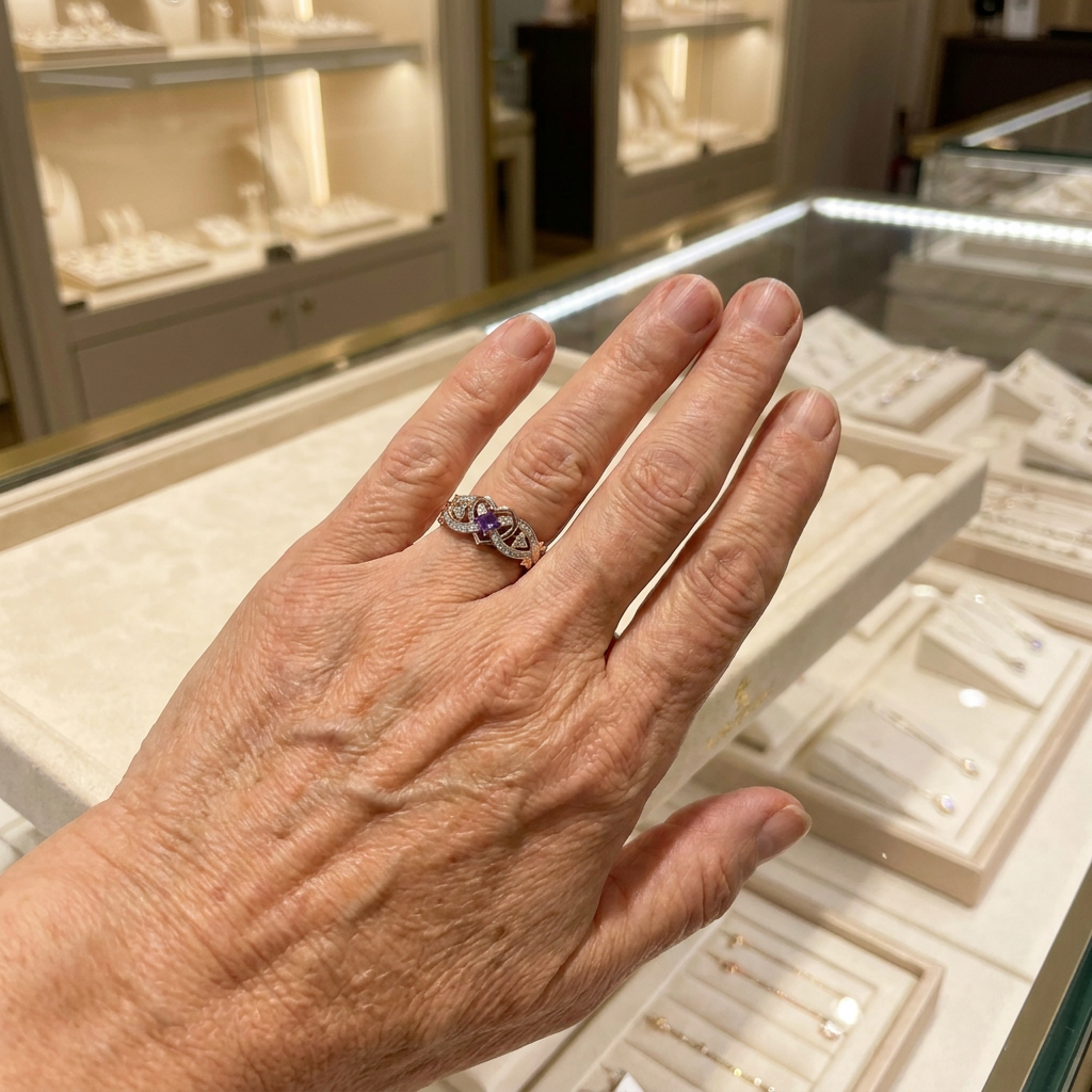 Ring Violetheart in Gold und Weissgold an der Hand getragen
