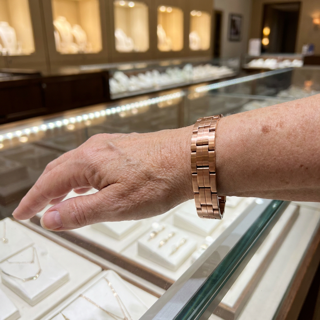 Kupferarmband Kette am Handgelenk getragen