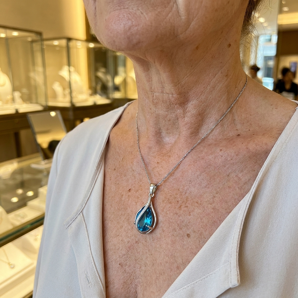 Handgefertigte Tropfenlicht-Halskette in Blau mit Brillanten am Hals getragen