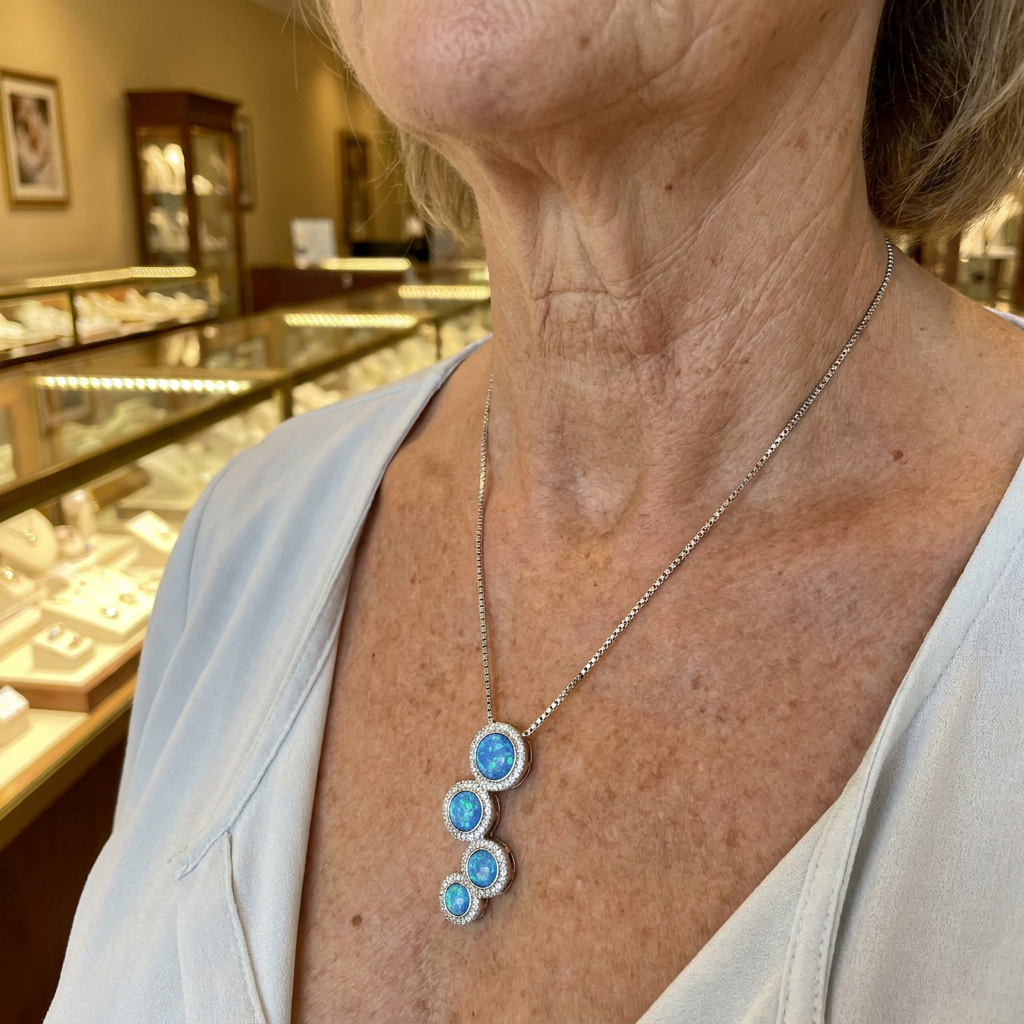 Brillant-Halskette mit Opal in Weissgold am Hals getragen
