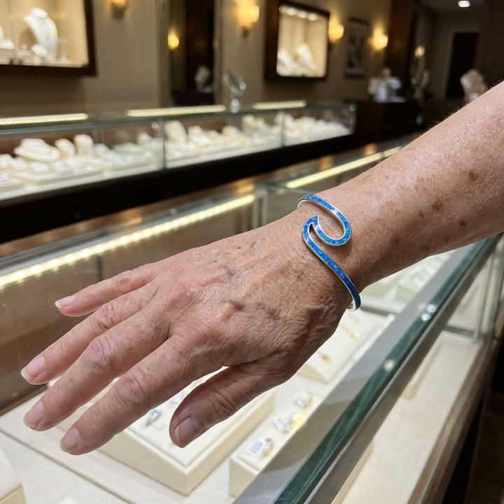 Weissgold-Armband „Opal des Meeres“ am Handgelenk getragen
