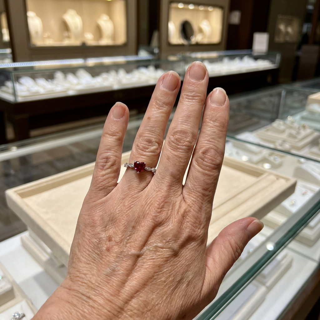 Ring mit rotem Herzstein an der Hand getragen