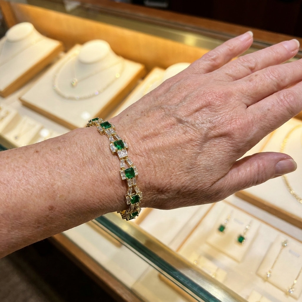 Goldenes Tennisarmband am Handgelenk getragen