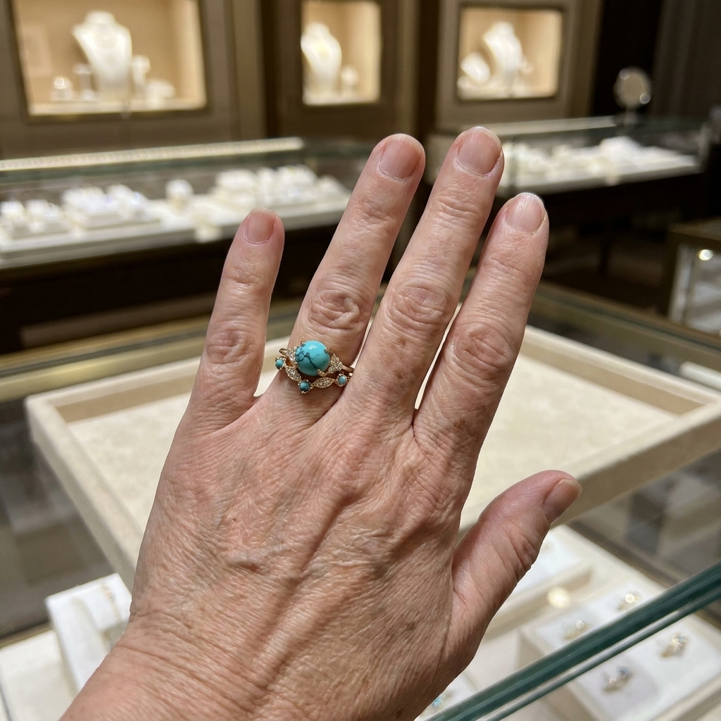 Goldenes Kronenring-Set mit Türkis an der Hand getragen